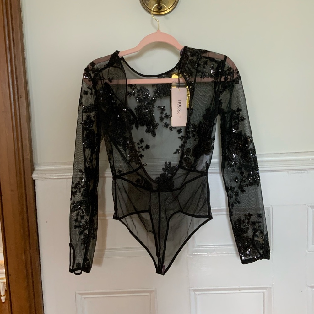 House of CB Malia Black Sequin Floral Sheer Mesh Bodysuit NWT